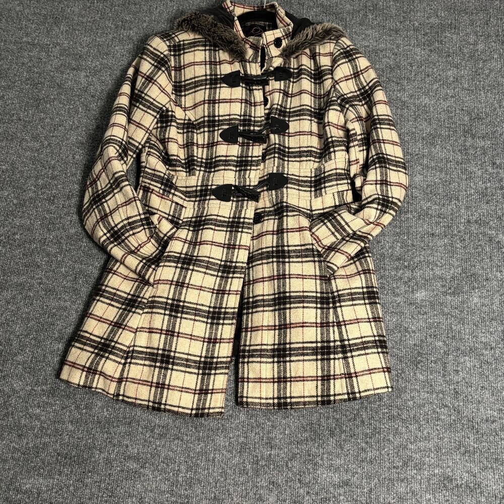 Say What Coat Girls Large Beige Plaid Toggle Hooded Faux Fur Trim Wool Blend